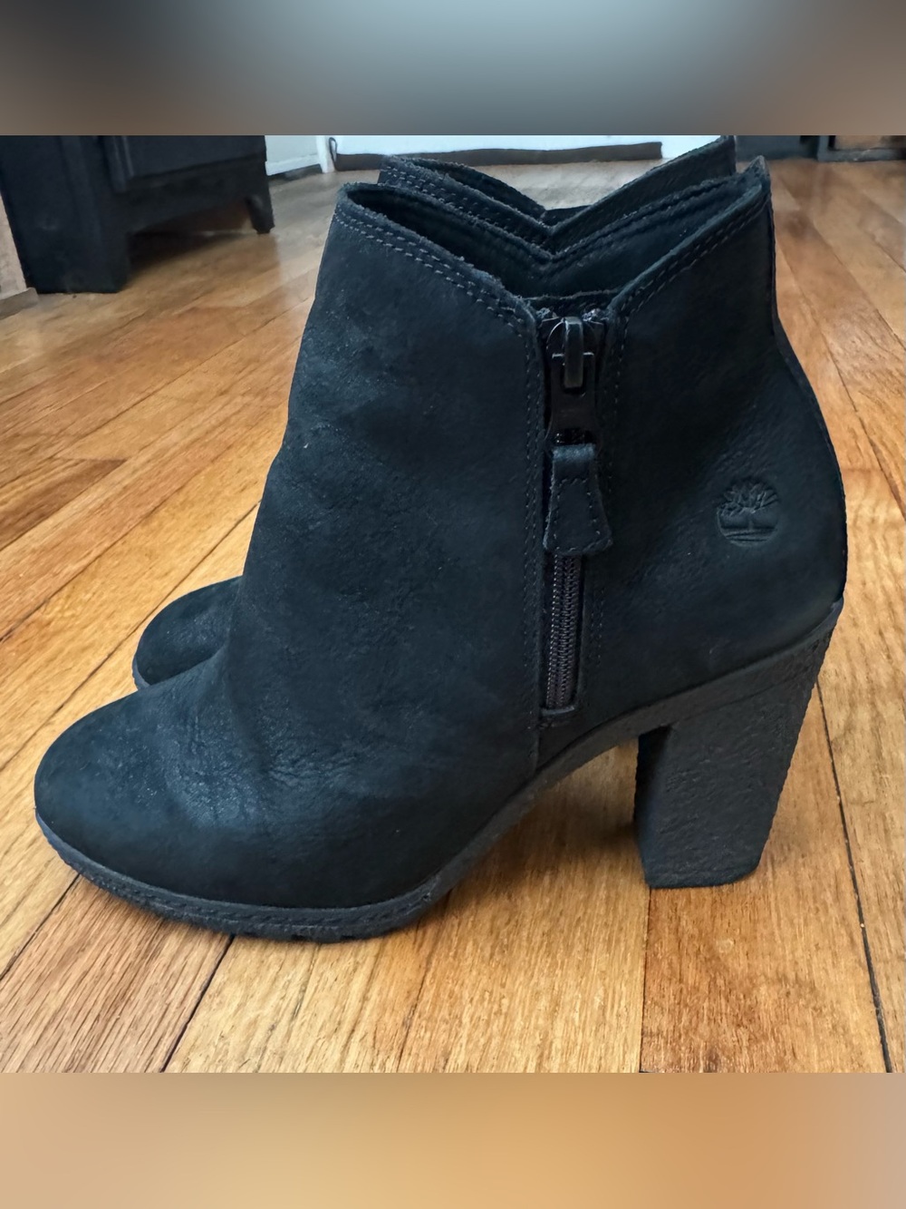 Timberland Black Suede Block Heel Ankle Boots
